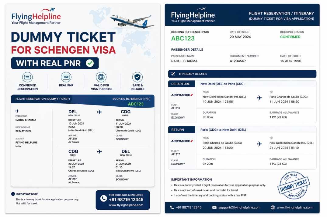 Dummy ticket for Schengen visa with real PNR from FlyingHelpline India