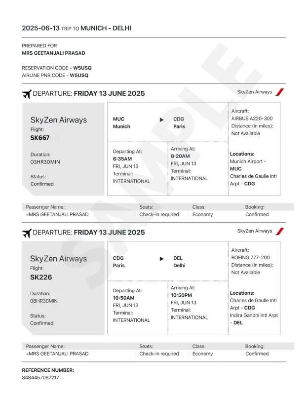 Dummy ticket for Schengen visa with real PNR from FlyingHelpline India